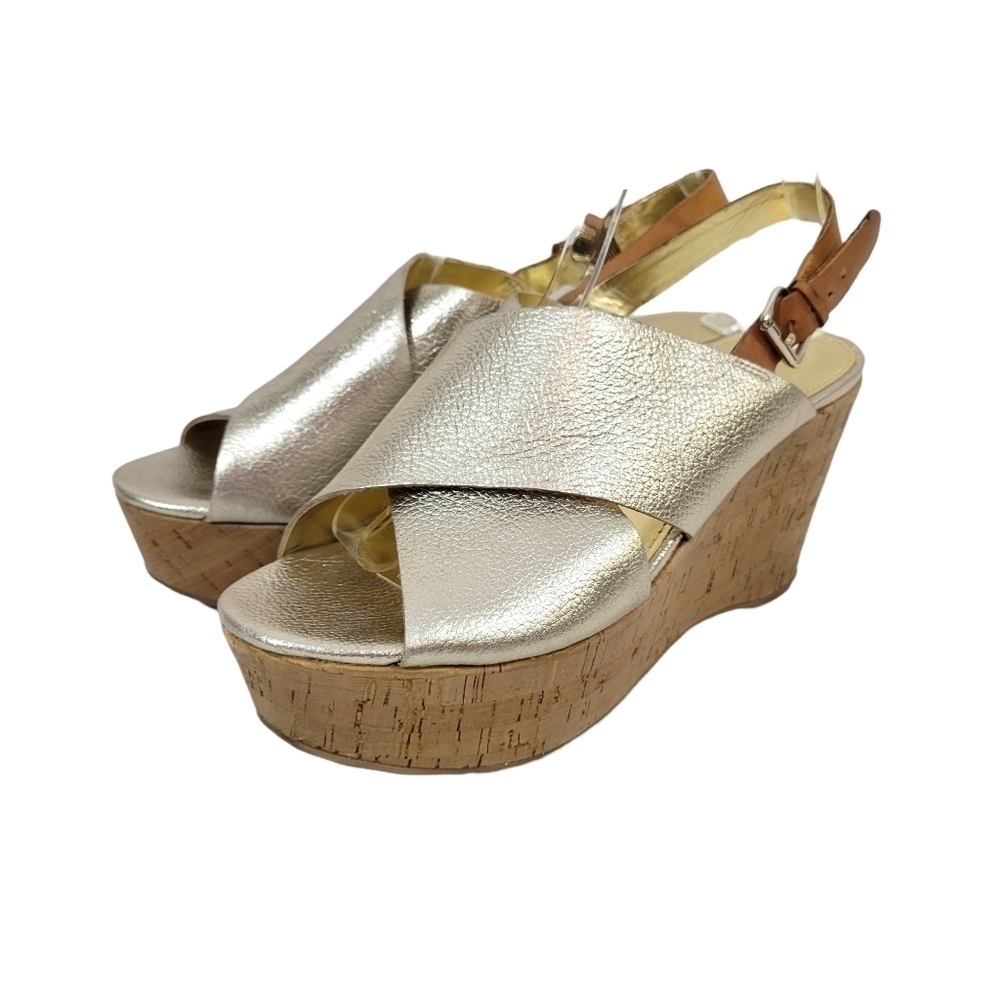 Marc Fischer Sesame Wide Gold Strap Cork Wedge Platform Sandals 9M